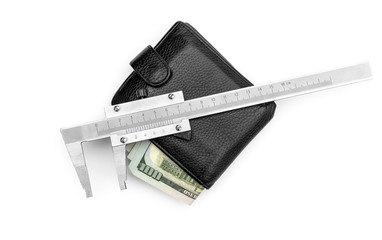 Wall Mural - Vernier caliper and wallet with money on white. Planning home  budget. Top view.