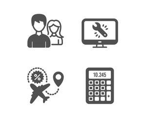 Wall Mural - Set of Teamwork, Monitor repair and Flight sale icons. Calculator sign. Man with woman, Computer service, Travel discount. Accounting device.  Classic design teamwork icon. Flat design. Vector