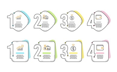 Wall Mural - Contactless payment, Demand curve and Salary icons simple set. Money wallet sign. Financial payment, Statistical report, Diplomat with money bag. Finance set. Infographic timeline. Vector