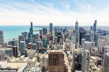 Chicago city skyscrapers aerial view, blue sky background. Skydeck observation