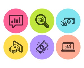 Wall Mural - Payment, Dollar money and Analytical chat icons simple set. Cash, Data analysis and Online statistics signs. Finance, Cash with coins. Finance set. Flat payment icon. Circle button. Vector