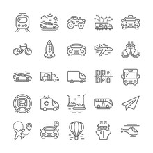 Transport Line Icons. Helicopter, Taxi And Subway Train Icons. Truck Car, Tram And Air Balloon Transport. Bike, Airport Airplane And Ship, Subway. Travel Bus, Ambulance Car, Paper Airplane. Vector