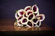 white and purple wedding calla lilies bouquet on wooden table