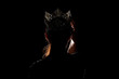 © Jade - Portrait Silhouette Shadow Back Rim Light of Miss Pageant Beauty Queen Contest Silver Diamond Crown wave hand express feeling smile, studio lighting dark black background, turn front face to camera