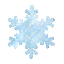 Light Blue Grungy Snowflake With Marks And Scratches Like On Hockey Ice Rink. One Single Object. Hand Drawn Watercolour Graphic Drawing On White Backdrop, Cutout Clipart Element For Design Decoration.