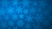 Christmas Background With Various Complex Big And Small Snowflakes In Blue Colors