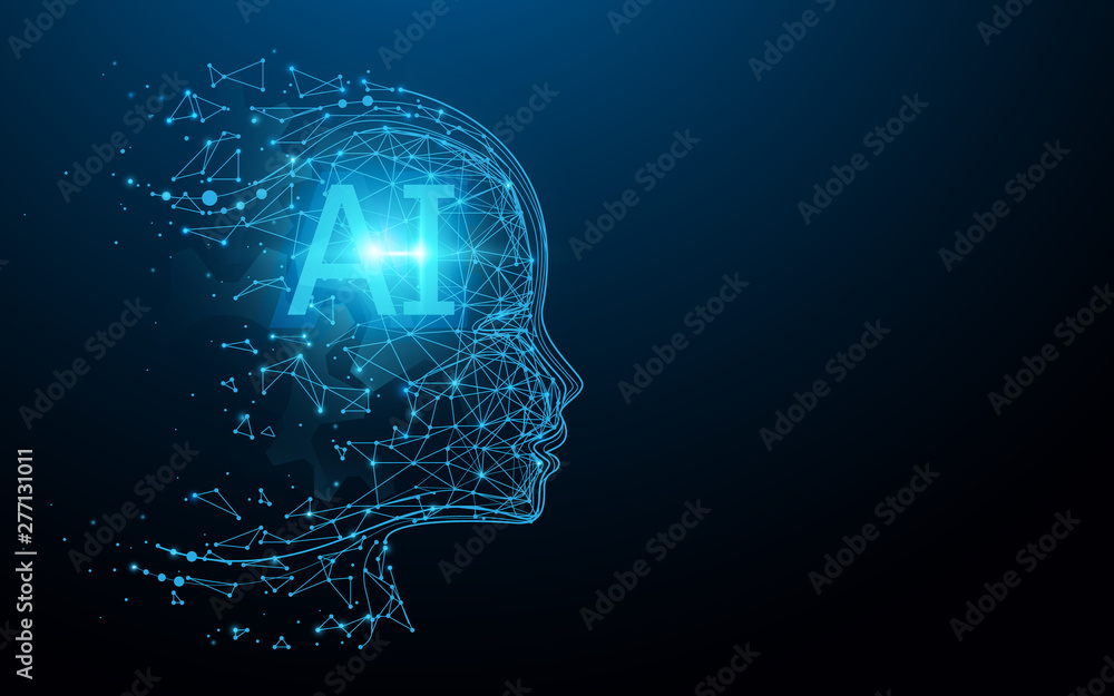 AI - Artificial intelligence. Ai digital brain. Robotics concept. Human face made from polygon. Illustration vector - obrazy, fototapety, plakaty 