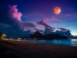 Wall Mural - Colorful blue sky with cloud and bright full moon on seascape to night.