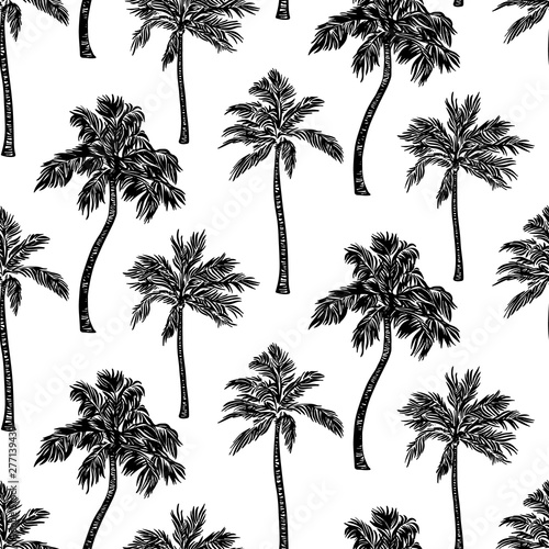 Black Sketch Palm Tree Outline Seamless Pattern Vector Drawing