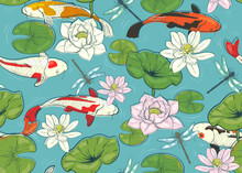 Seamless Pattern With Carps, Lotuses And Dragonflies