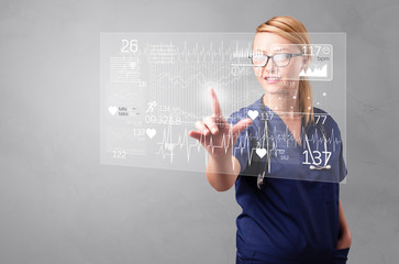 Wall Mural - Doctor touching hologram screen displaying healthcare running symbols