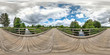 full seamless spherical hdri panorama 360 degrees  angle view on wooden bridge over the river canal in equirectangular projection, VR AR content.