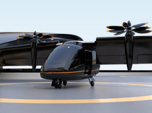 E-VTOL Passenger Aircraft Waiting For Takeoff From Airport. Solar Panel Mounted On The Wings. Urban Passenger Mobility Concept. 3D Rendering Image.