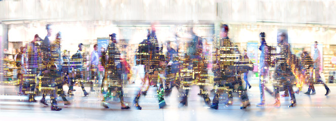 Canvas Print - Beautiful motion blur of walking people in train station. Early morning rush hours, busy modern life concept. Ideal for websites and magazines layouts