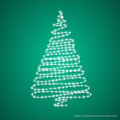 Christmas tree made of glowing lights isolated on green background. White Christmas tree as a New Year celebration symbol. Abstract vector illustration.