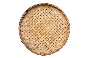 Canvas Print - Old weave bamboo wood tray isolated on white background. Bamboo basket handmade isolated