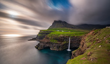 Gasadalur Waterfall Wide Long Exposure In Faroe Islands, Misty Day
