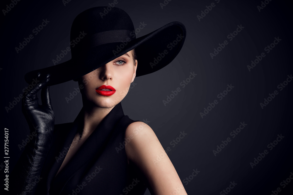 Woman Beauty in Hat, Elegant Fashion Model Retro Style Portrait on Black - obrazy, fototapety, plakaty 