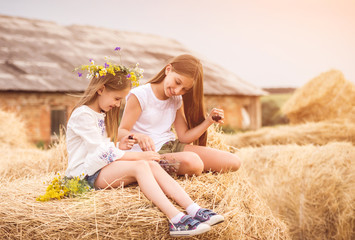 Cute sisters in the field with cherry and flowers