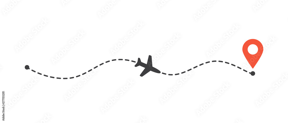 Airplane flight path to location mark. Plane route line. Tourism and travel illustration - obrazy, fototapety, plakaty 