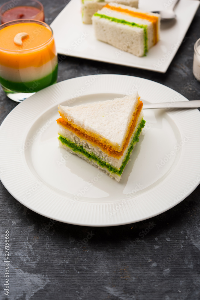 Tricolor Tiranga sandwich with orange and green chutney ...