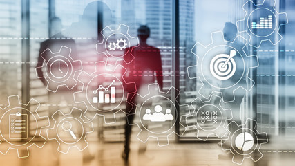 Wall Mural - business process automation concept. gears and icons on abstract background.