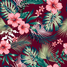 Vector Seamless Botanical Tropical Pattern With Flowers. Lush Foliage Floral Design With Monstera Leaves, Areca Palm Leaves, Fan Palm, Hibiscus Flower, Frangipani Flower. Modern Allover Background.
