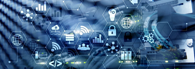 Wall Mural - ICT - information and telecommunication technology and IOT - internet of things concepts. Diagrams with icons on server room backgrounds.