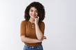 © Cookie Studio - Sounds interesting. Curious good-looking happy smiling curly-haired girl listening have pleasant funny conversation touch cheek grinning nod agree speaking coworker lunch-break, white background
