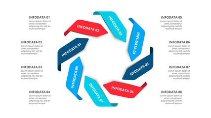 Poster - Slide with eight arrows. Concept of cycle business process with 8 options. Flat vector illustration for data visualization and analysis. Modern infographic design template.