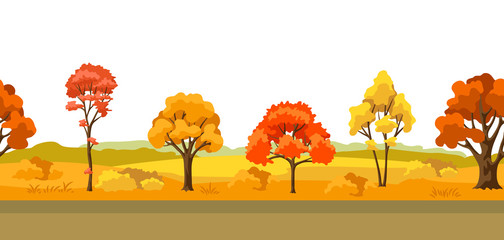 Wall Mural - Autumn seamless pattern with landscape and stylized trees.