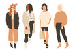 Four ladies dressed in trendy clothes standing in various poses. Fashion look.  Female faceless characters. Hand drawn colored vector set. All elements are isolated
