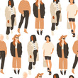 Fancy ladies dressed in trendy clothes standing in various poses. Fashion look.  Female faceless characters. Hand drawn colored vector seamless pattern