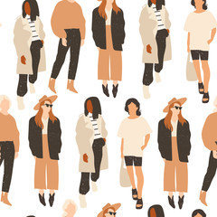 Wall Mural - Fancy ladies dressed in trendy clothes standing in various poses. Fashion look.  Female faceless characters. Hand drawn colored vector seamless pattern