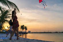 Silhouette Asian Family Members Play Kite By Urban Lake