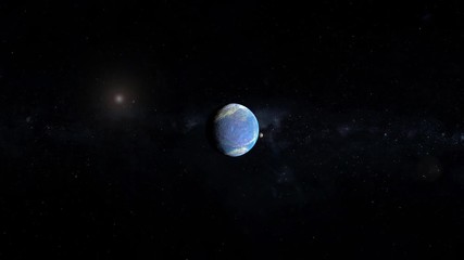 Wall Mural - Approaching exoplanet in outer space rotating with two satellite moons, fictional new world. Contains public domain image by Nasa
