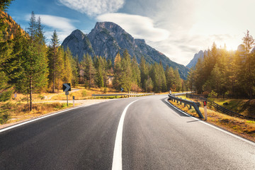 Wall Mural - road in summer forest at sunset in italy. beautiful mountain roadway, trees with green foliage and s
