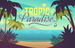 © YummyBuum - Palm tree beach. Ocean sunset with sand coast beach waves and palm trees, maldives tropical background. Summer vacation vector poster