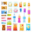 Vending products. Beverages and snack plastic package, fast food snack packs, biscuit sandwich. Drinks water juice flat vector icons