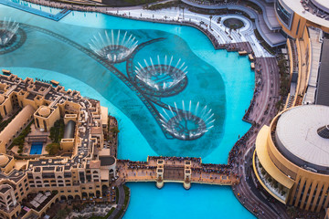  Mall fountain and modern buildings, Dubai, UAE
