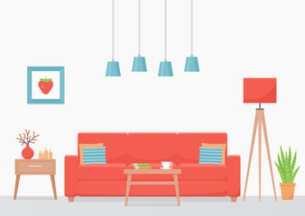 Living room interior. Vector. Room with coral sofa and coffee table. House background with furniture. Home inside. Modern domestic apartment. Cartoon illustration. Banner in flat design.