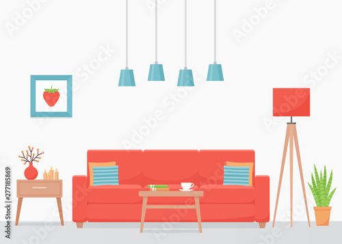Living Room Interior Vector Room With Coral Sofa And