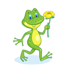 Poster - Funny frog comes with a yellow water lily in his hand. In cartoon style. Isolated on white background