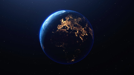 earth planet viewed from space at night showing the lights of europe and other countries, 3d render 