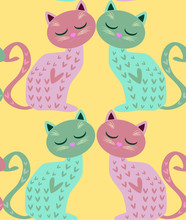 Cute Seamless Background With Funny Cats And Flowers In Cartoon Style