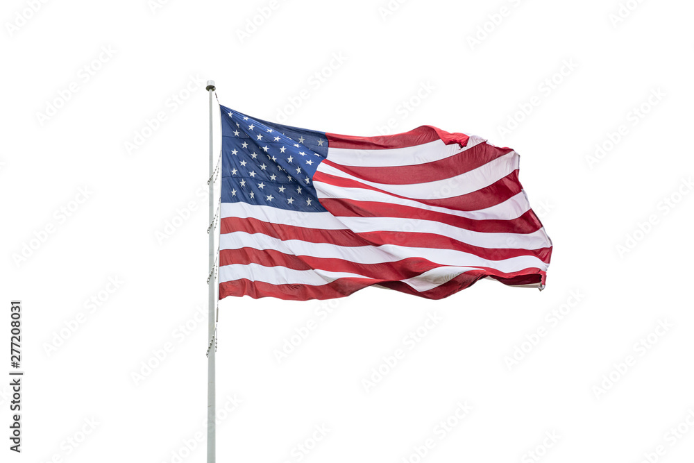 United States flag on a pole waving isolated on white background. - obrazy, fototapety, plakaty 