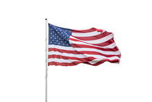 United States Flag On A Pole Waving Isolated On White Background.