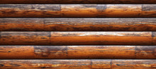 Texture Of Wall Made Of Wooden Logs - Panoramic Photo