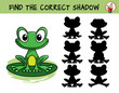 Funny green frog sitting on the leaf. Find the correct shadow. Educational matching game for children. Cartoon vector illustration
