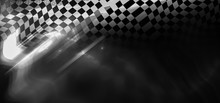 Interesting Geometric Background With Elements Of Checkered Flag. Shiny Rally Texture 